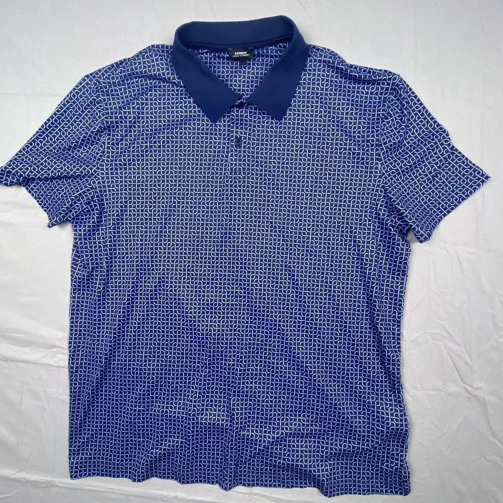 Express Mens Everyday Performance Geometric Polo Shirt L Blue Lightweight EUC